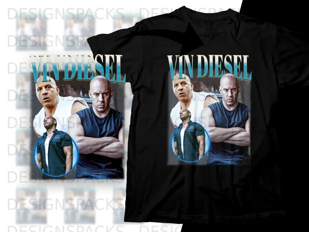T-shirt with Vin Diesel in character, front and side profile views.