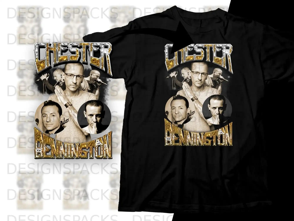 T-shirt design featuring Chester Bennington in multiple poses, with gold accents.