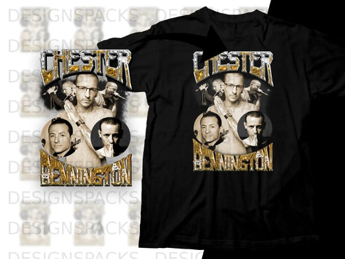 T-shirt design featuring Chester Bennington in multiple poses, with gold accents.