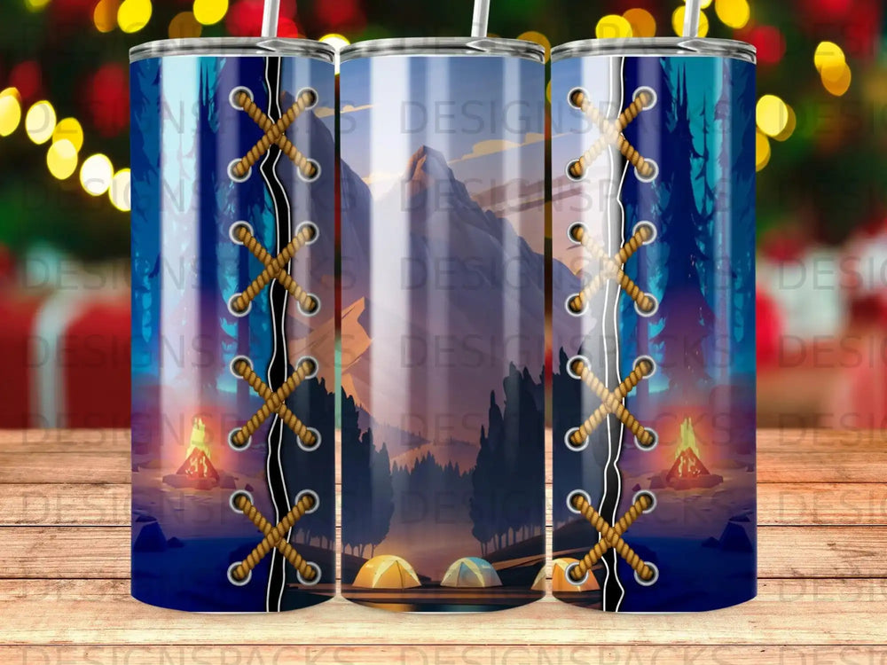 Tumbler with mountain camping scene and lace-up design.