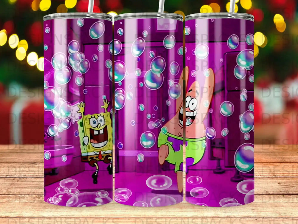 SpongeBob and Patrick surrounded by colorful bubbles.