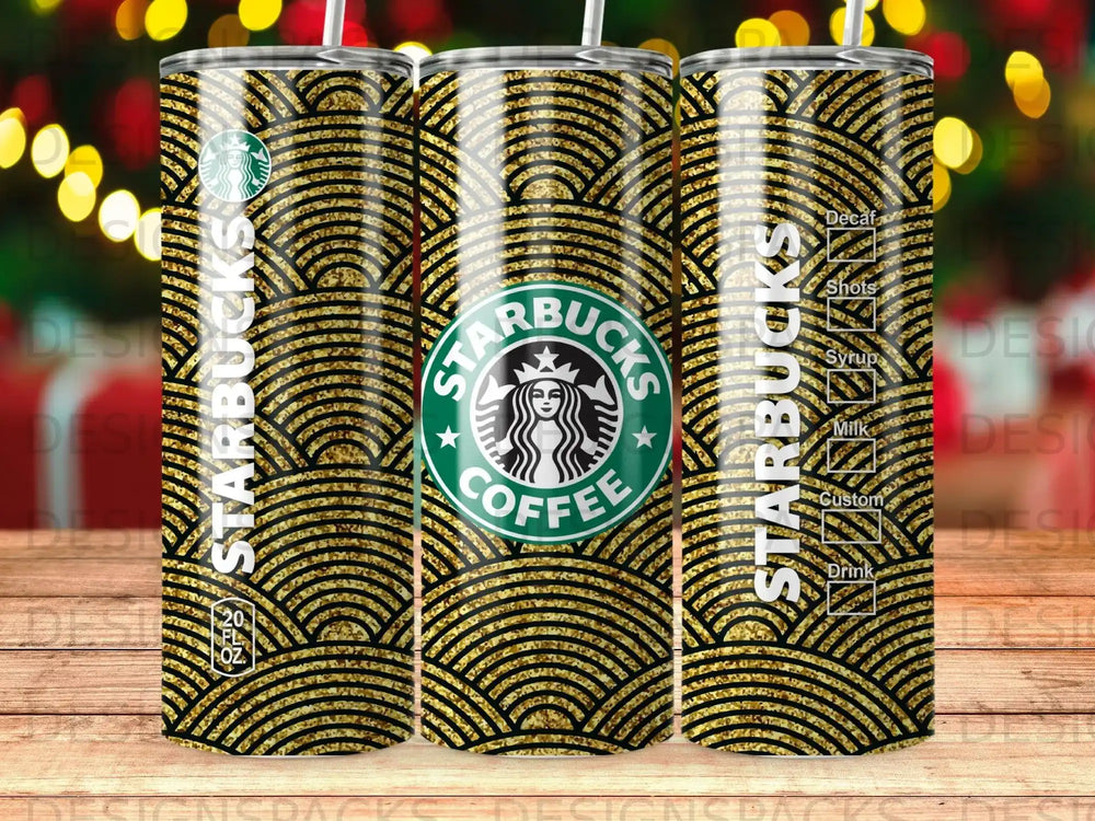 Starbucks tumbler with gold and black geometric pattern and coffee drink options.