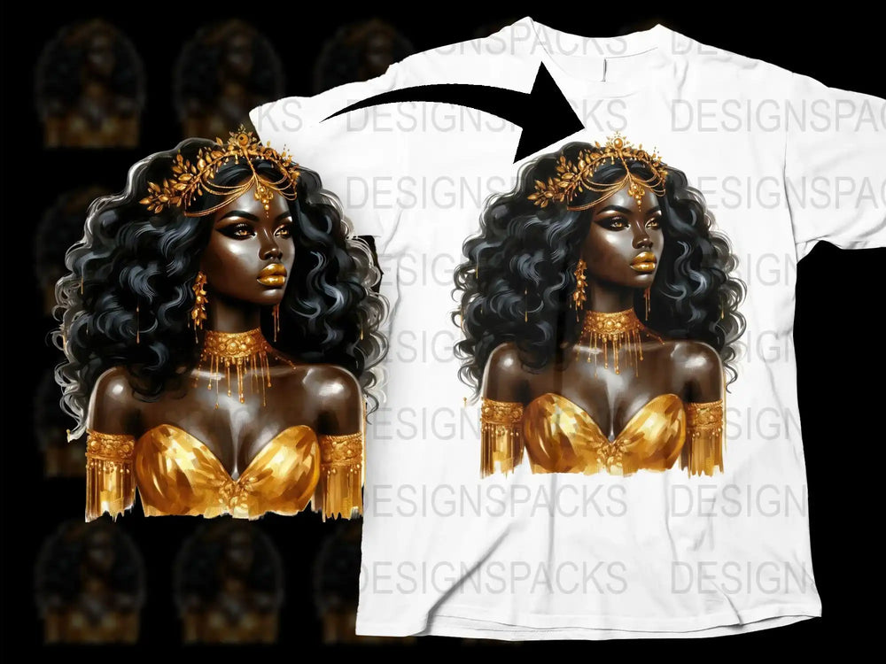 African Queen Graphic T-Shirt, Gold Crown and Jewelry, Black Art Tee, Women's Fashion Top