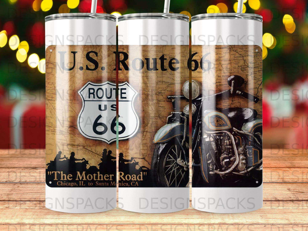 Tumbler with U.S. Route 66 shield, vintage motorcycle, and map background.