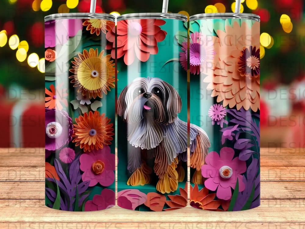 Shih Tzu dog surrounded by vibrant paper flowers on a teal background.