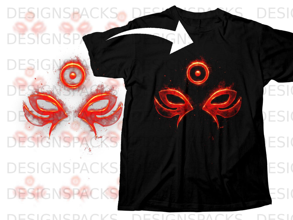 Black t-shirt featuring a glowing red eye symbol and flames graphic.