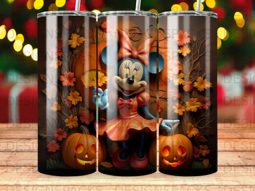 Minnie Mouse wearing an orange dress standing with two Jack-o'-lanterns.