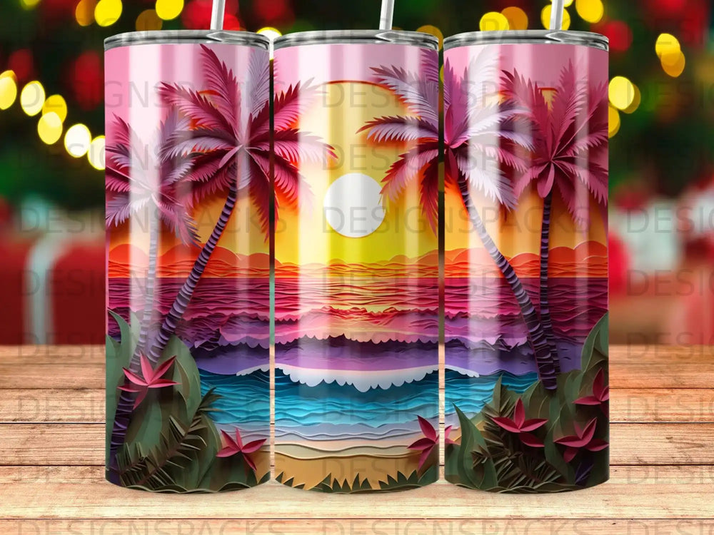 Tropical sunset with palm trees over ocean waves and stylized foliage.