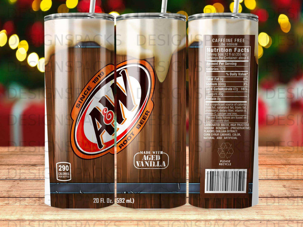 A&W Root Beer can with nutrition facts and "Made With Aged Vanilla" text.