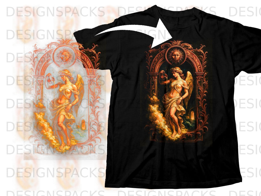 Black t-shirt with Renaissance-style angelic figure pouring liquid over flames.