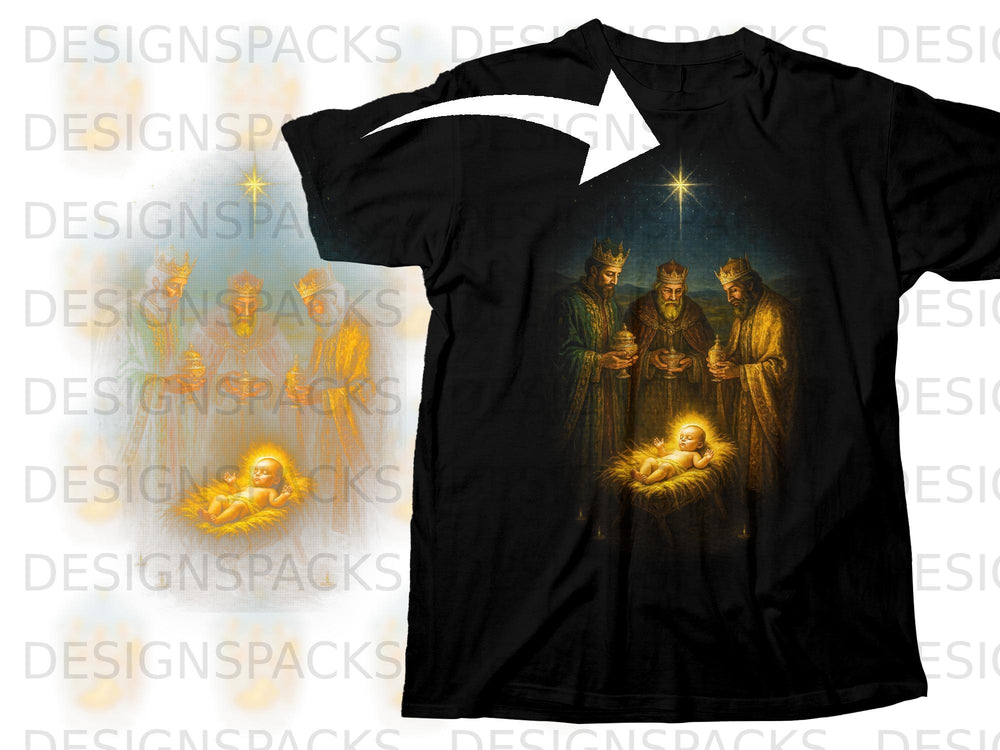 Black t-shirt with Nativity scene of baby Jesus, three wise men, and star.