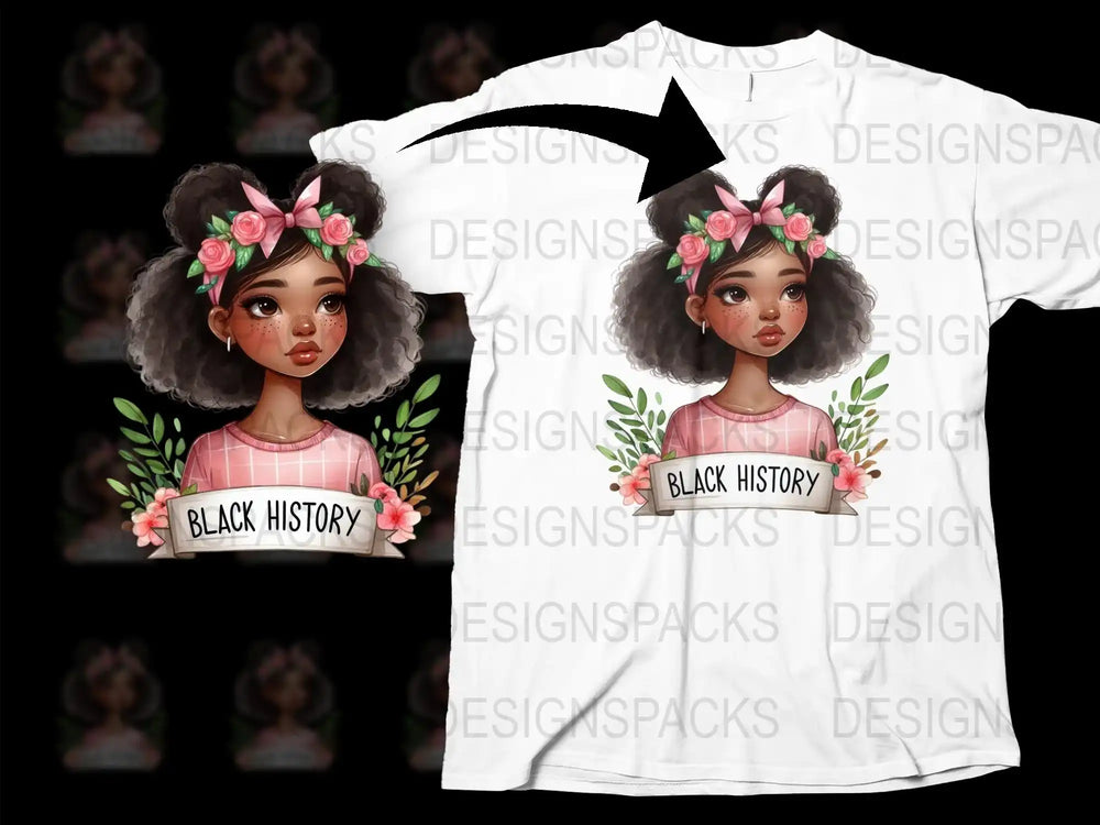 Black History Month Floral Crown Girl T-Shirt, African American Pride, Kids and Adults Sizes Available, Unique Illustration Tee