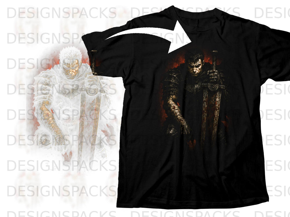 Black t-shirt with a fierce warrior holding a large sword and dark, fiery background.