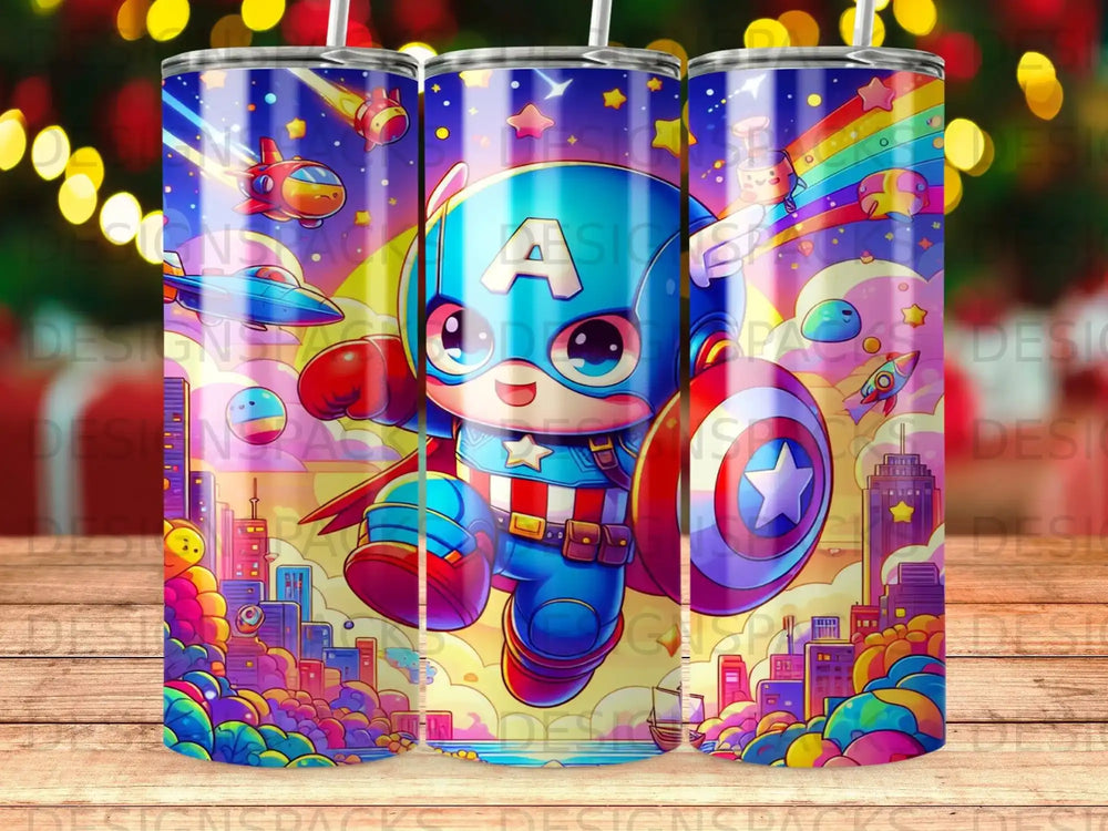 Cartoon Captain America running through a colorful cityscape with rainbow and stars.