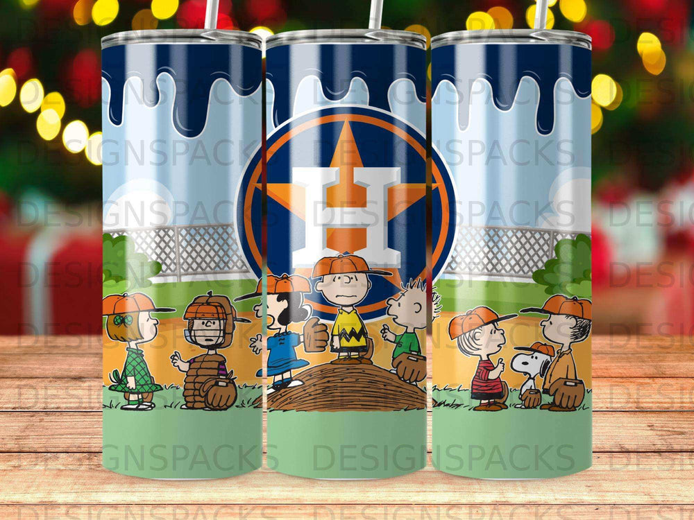 Houston Astros logo and Peanuts characters on a blue tumbler with green base.