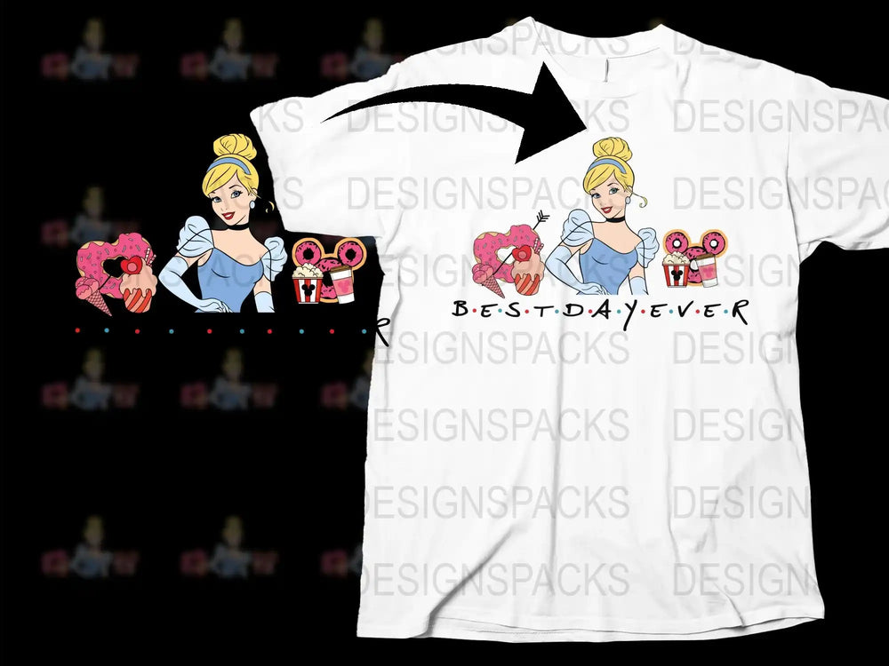 Women's White T-Shirt, Cartoon Princess Graphic, Doughnuts and Coffee, Fun Cute Casual Top