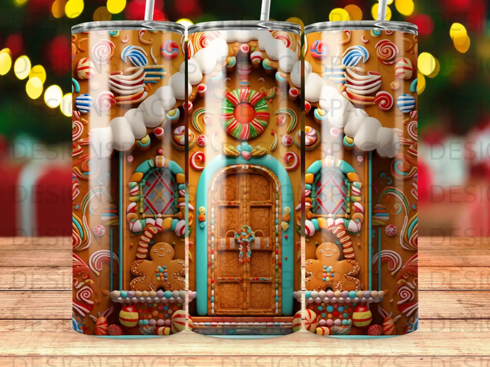 Gingerbread house with candy decorations and two gingerbread men on wooden planks.