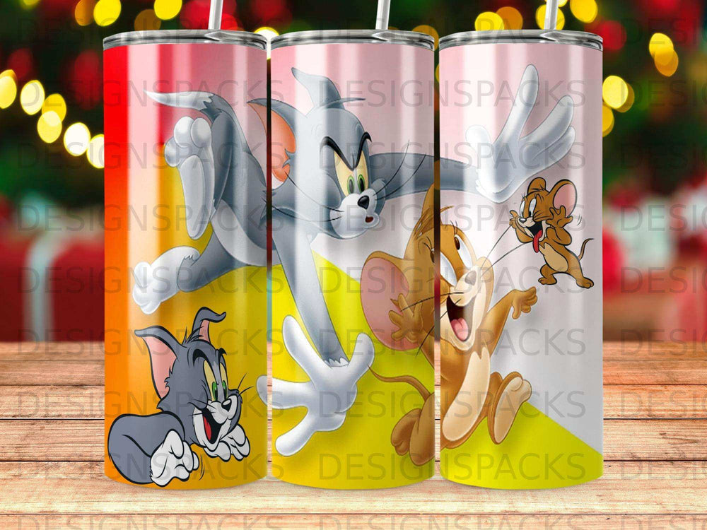 Tom and Jerry characters on a tumbler, with "DESIGNS" visible as a watermark.