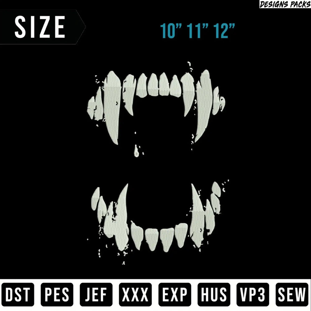 White vampire fangs displayed top and bottom, with size and format options.