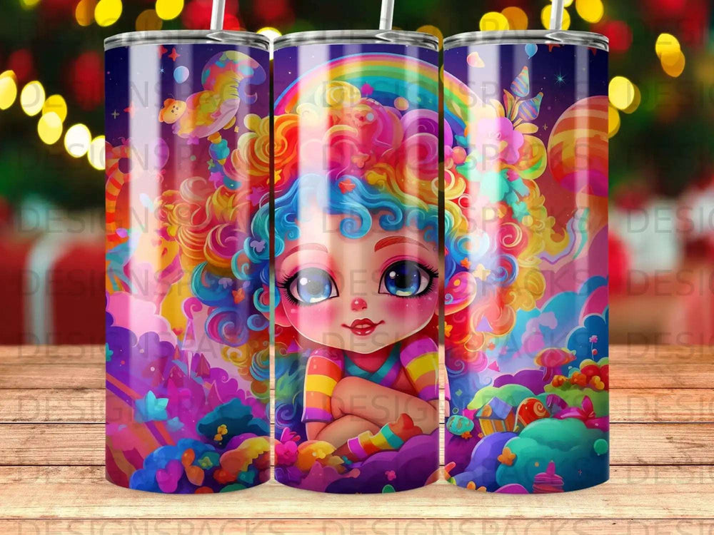 Colorful cartoon girl with rainbow hair on a whimsical, candy-themed background.