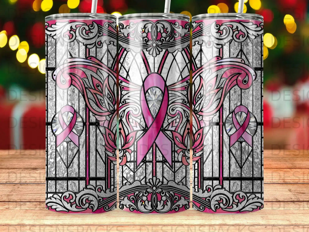 Stained glass design with pink ribbon and feathered wings.
