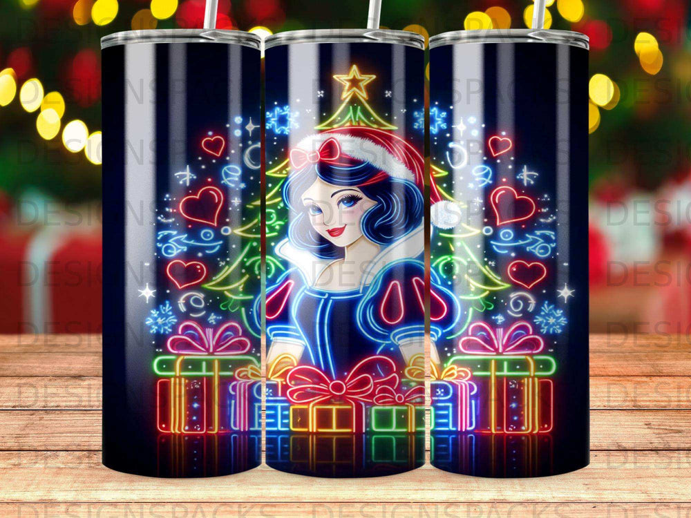 Snow White in Santa hat with presents and Christmas tree in neon art.