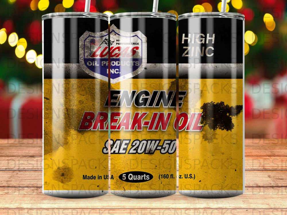 Lucas Oil Engine Break-In Oil SAE 20W-50 5-quart metal tumbler.