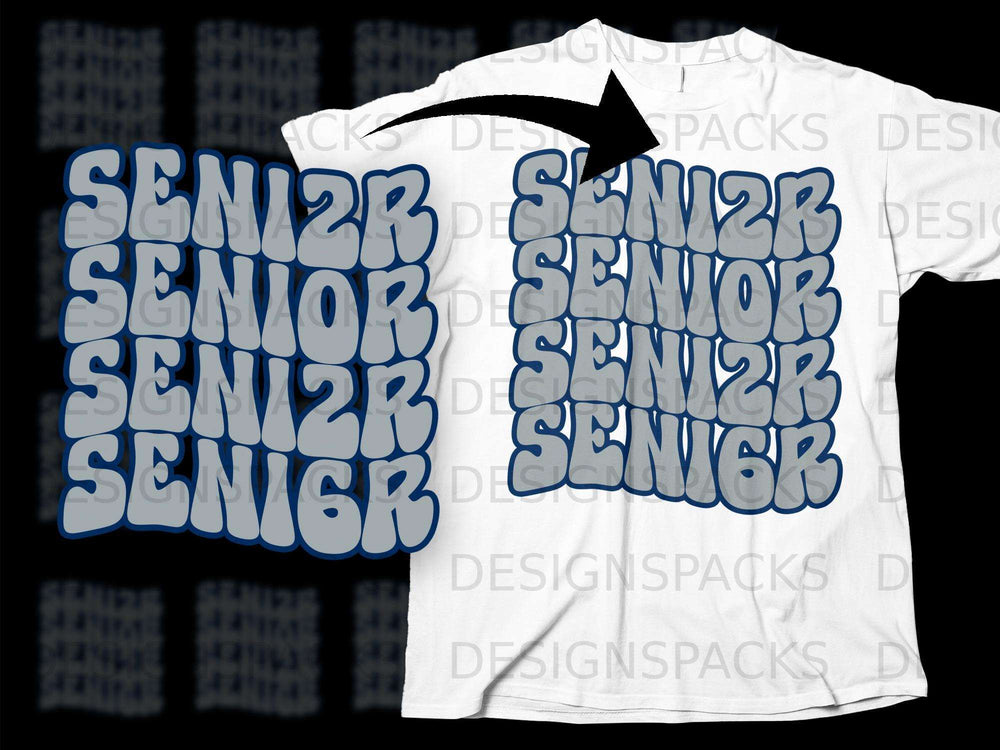 White t-shirt with stacked blue and gray "SENIOR" text and "2R" and "6R" variations.