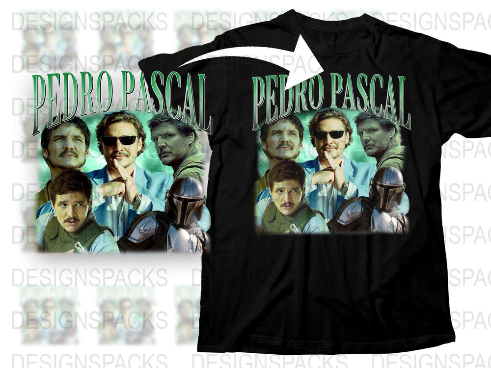 Pedro Pascal Fan T-Shirt, Retro Style Actor Print, Vintage-Inspired Graphic Tee, Multiple Images, Black Shirt