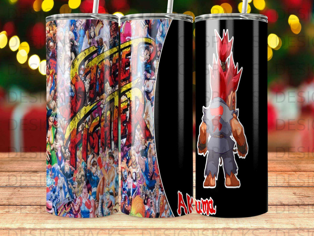 Street Fighter characters montage on tumbler with Akuma on black background.