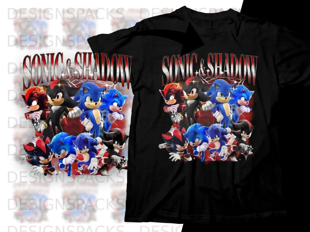 Sonic and Shadow characters on a black t-shirt design.