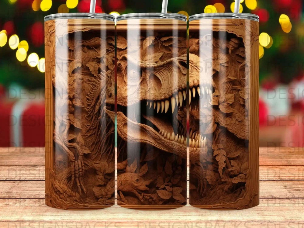 Wooden carved T-Rex emerging from a forest texture.