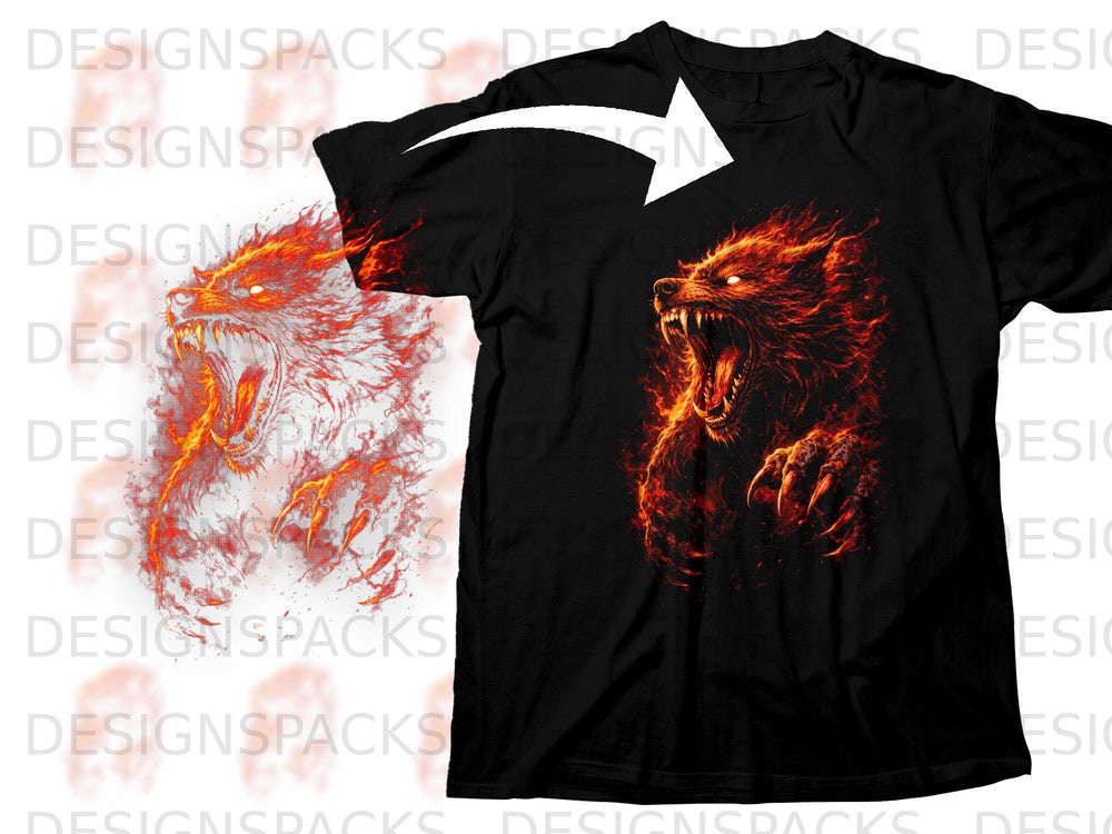 Black t-shirt with a fiery wolf graphic and an arrow showing placement.