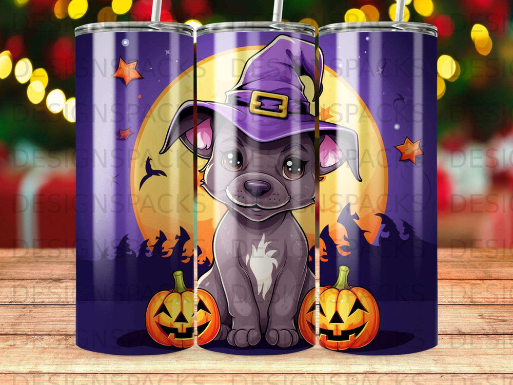 A cartoon dog in a witch hat sits between two carved pumpkins.