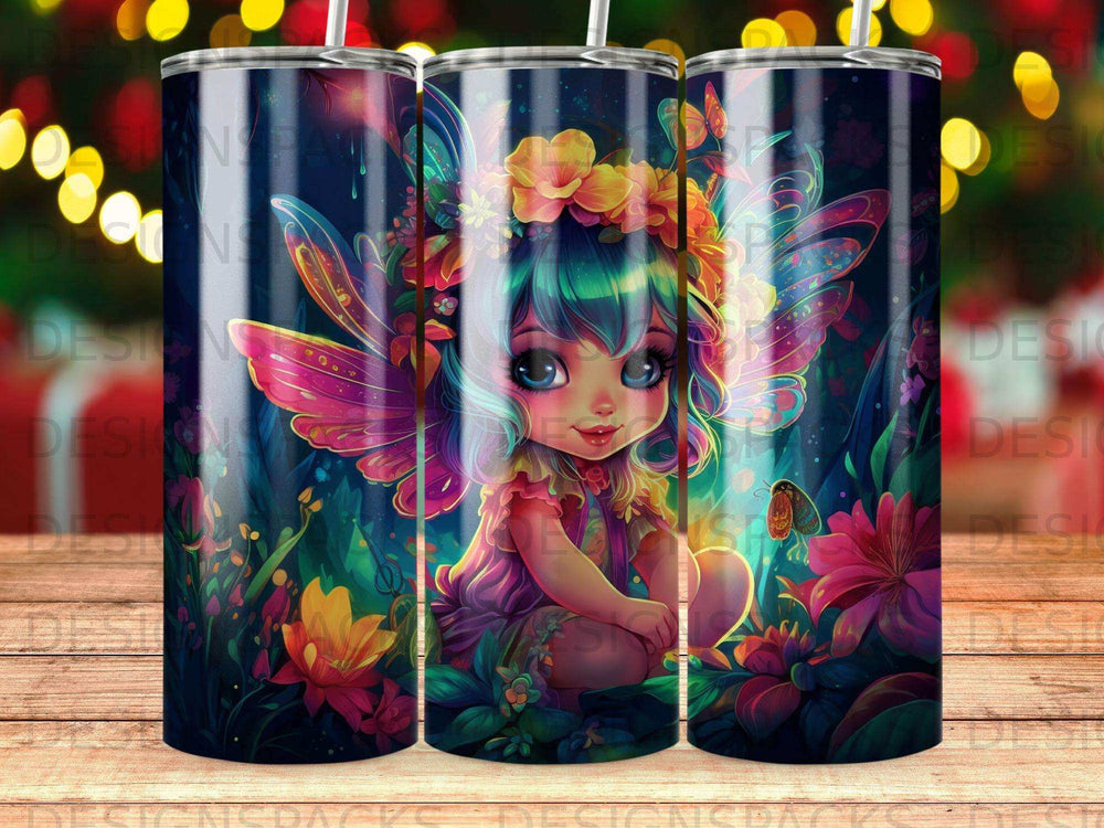 Fairy with wings and flowers on colorful tumbler.