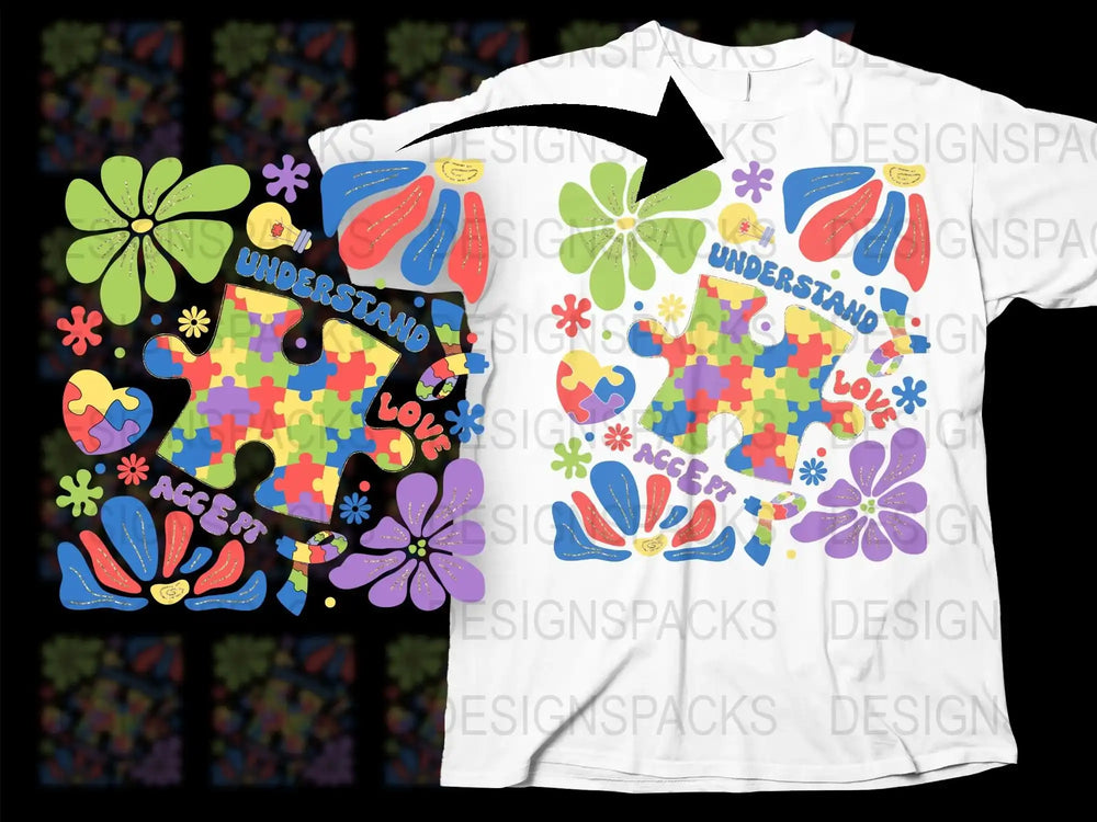 Colorful Autism Awareness Puzzle Piece T-Shirt, Love Accept Understand Floral Tee