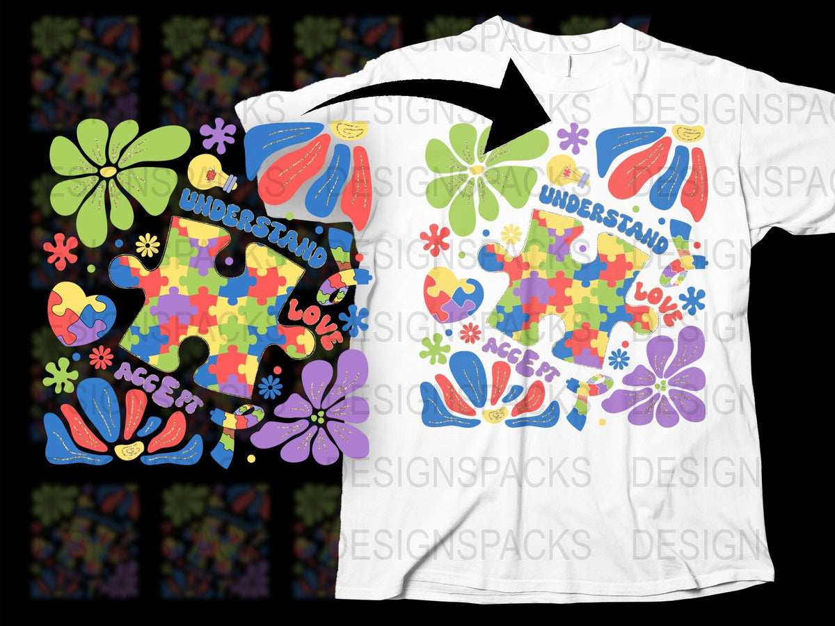 Colorful Autism Awareness Puzzle Piece T-Shirt, Love Accept Understand Floral Tee