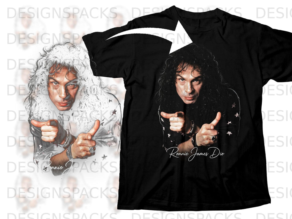 Black t-shirt with a graphic of Ronnie James Dio pointing, text "Ronnie James Dio" below.