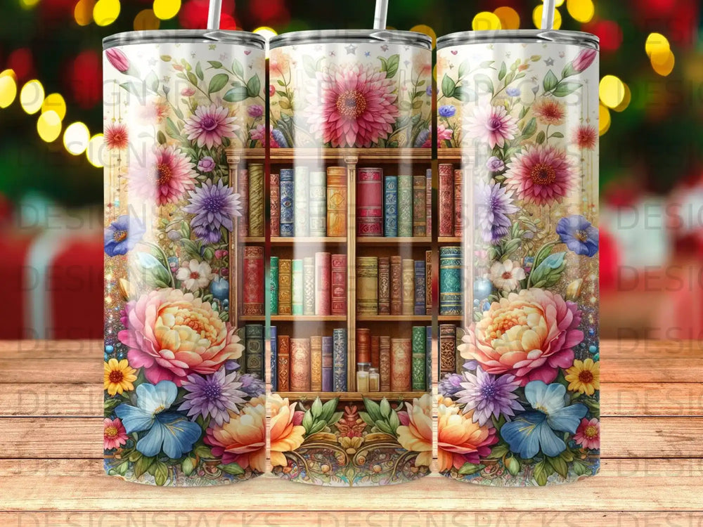 Floral bookshelf tumbler with colorful flowers and books.