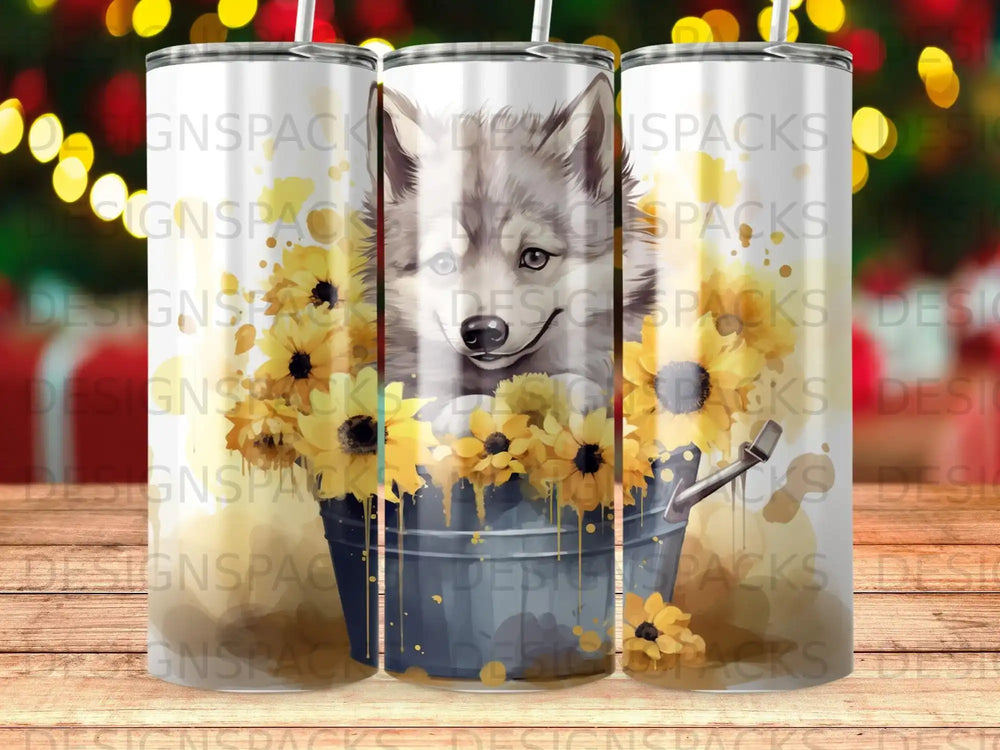 Wolf puppy peeking from a bucket of sunflowers.