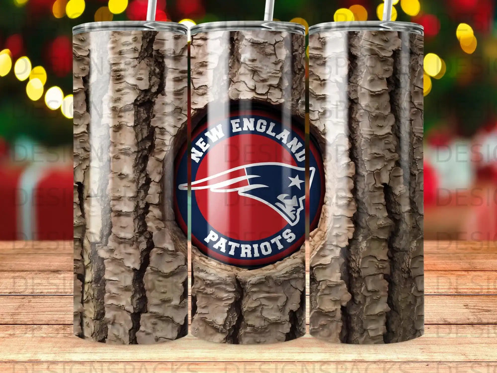 New England Patriots logo on a textured wood grain tumbler.