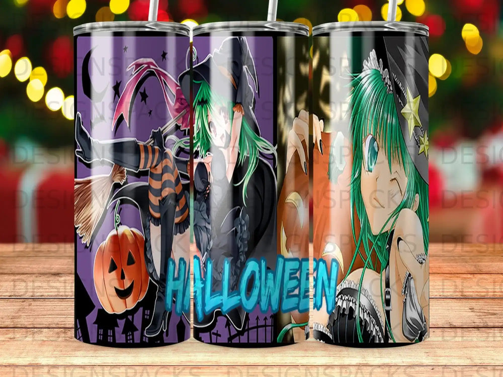 Halloween tumbler featuring witches, pumpkins, and spooky decorations.