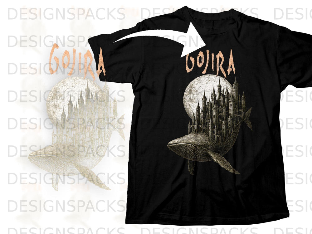 Black t-shirt with "Gojira" text and whale carrying a castle design.