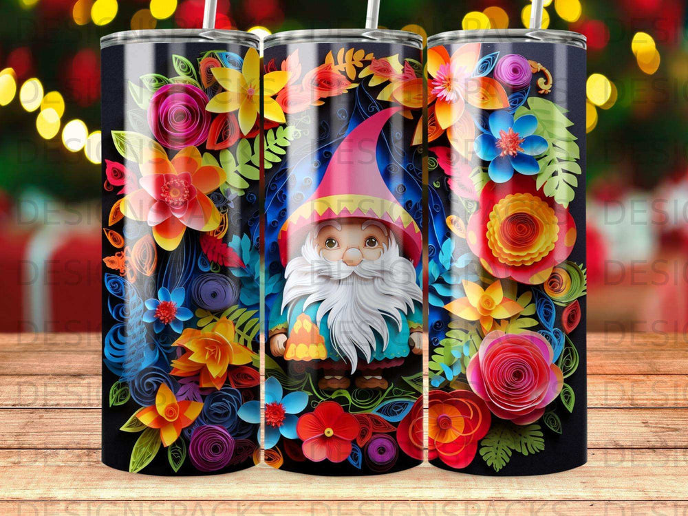 Gnome with white beard and red hat surrounded by colorful floral designs.