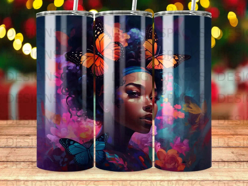 Woman with butterflies in hair and floral accents on a patterned tumbler.