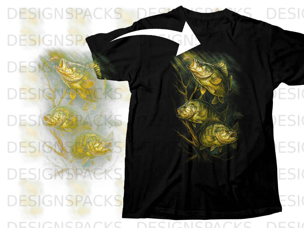 Black t-shirt featuring a graphic of four bass fish with a fishing lure.