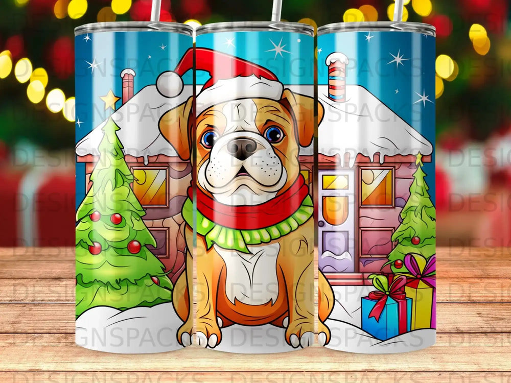 Bulldog wearing a Santa hat and scarf in front of a house.