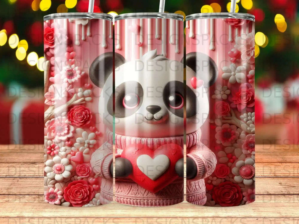 Panda in pink sweater holding a heart, surrounded by flowers.