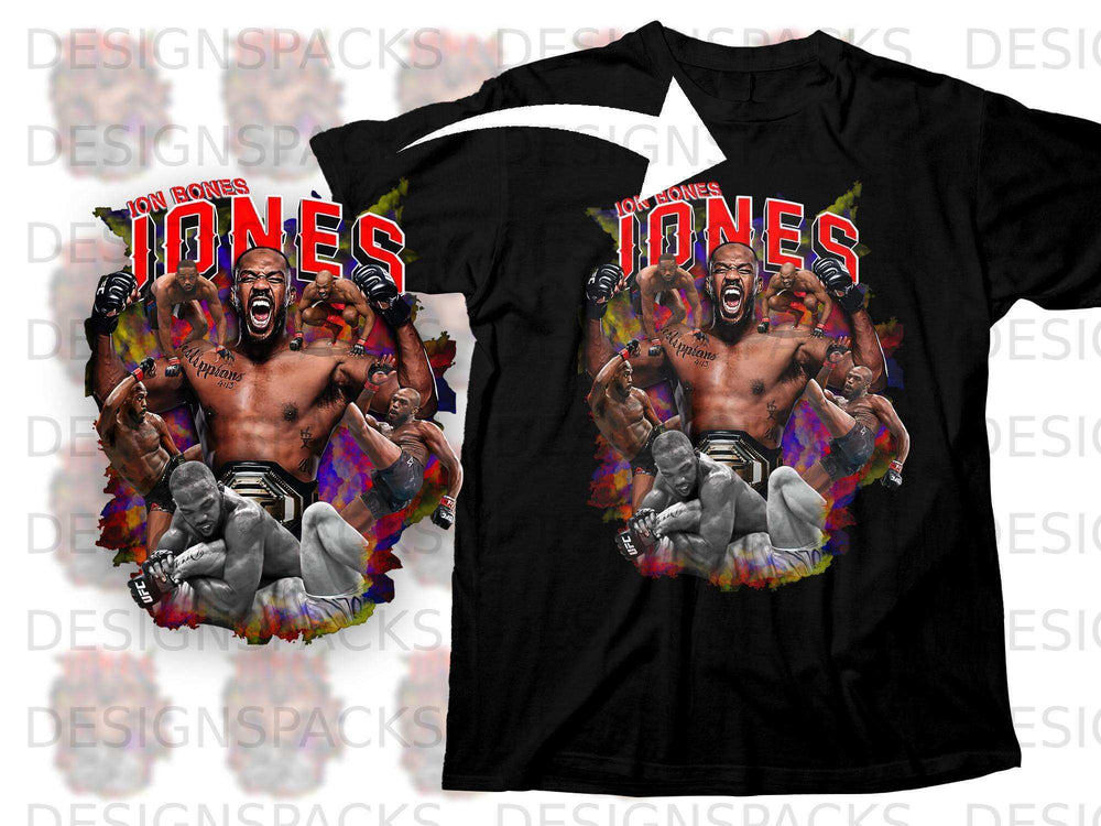Black t-shirt with Jon Jones artwork, UFC belt, and Philippians 4:13 text.