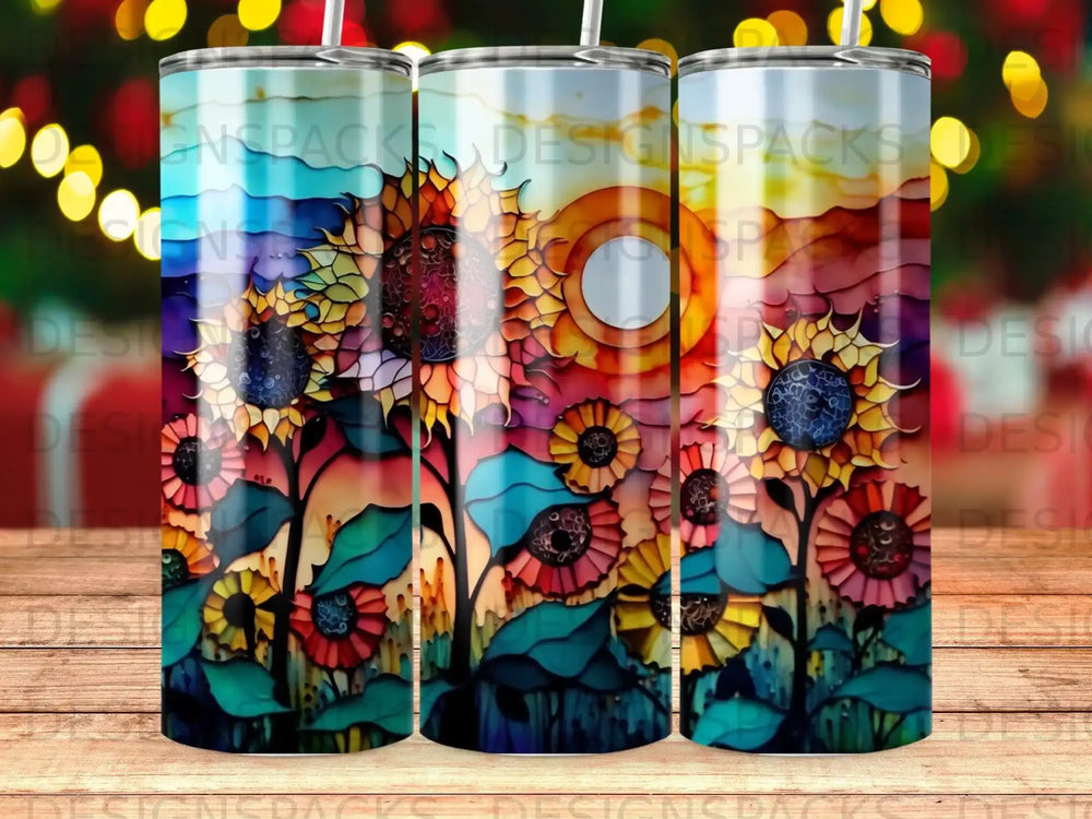 Sunflower design on a tumbler with colorful abstract background.